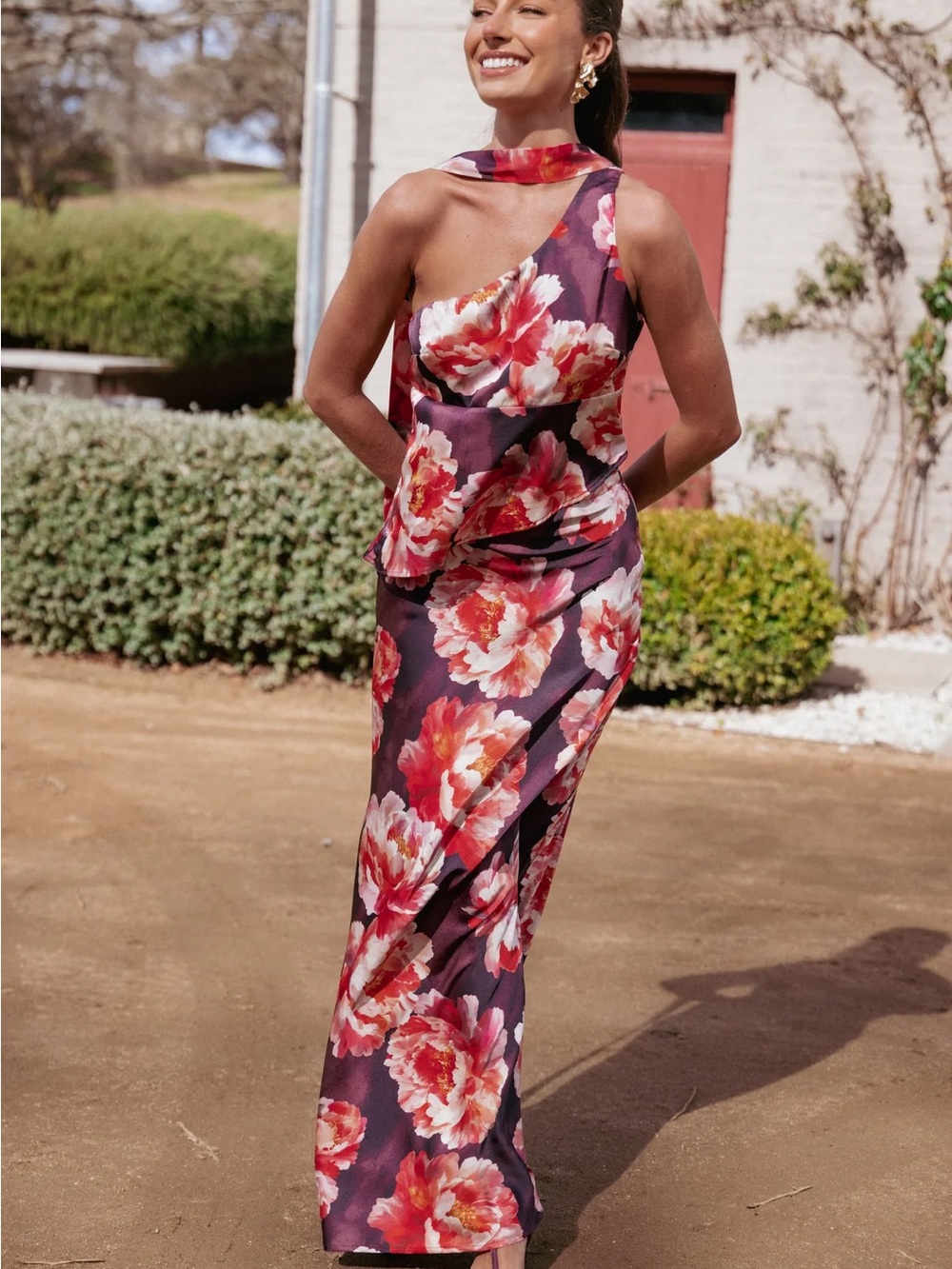 Petal & Pup Plum One-Shoulder Floral Maxi Dress with Pink Blooms